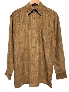 ALFRED SUNG Brown Herringbone Plaid Button Up Shirt